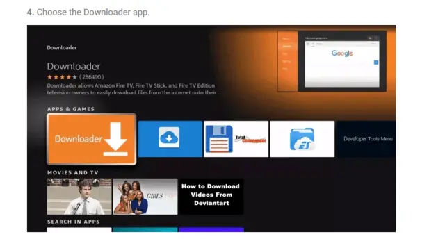 Fire Stick app result for Downloader