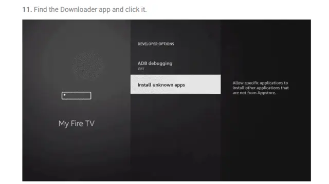 Fire Stick Developer options showing Install unknown apps